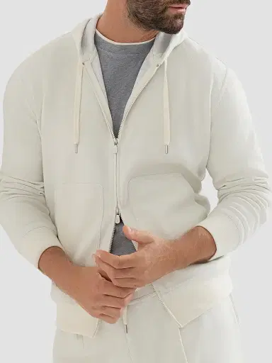 Brunello Cucinelli Men's Cashmere and Cotton French Terry Double Cloth Hooded Sweatshirt - Off White - Size XXXXL | Thumbnail 5