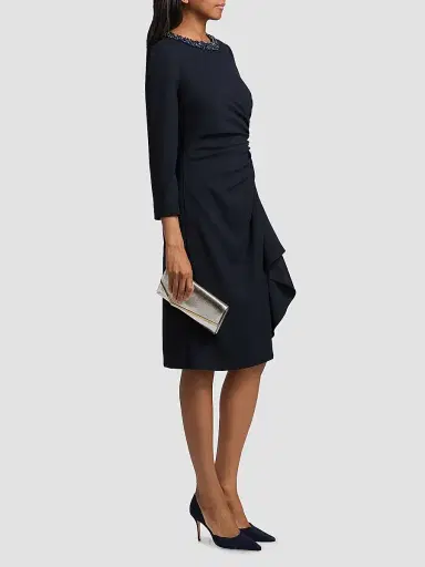Teri Jon by Rickie Freeman Women's Sequinned Crepe Sheath Knee-Length Dress - Navy | Thumbnail 4