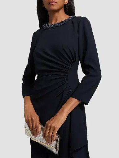 Teri Jon by Rickie Freeman Women's Sequinned Crepe Sheath Knee-Length Dress - Navy | Thumbnail 6