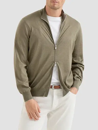 Brunello Cucinelli Men's Cashmere and Silk Lightweight Cardigan with Zipper - Mud | Thumbnail 3