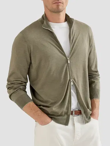 Brunello Cucinelli Men's Cashmere and Silk Lightweight Cardigan with Zipper - Mud | Thumbnail 5