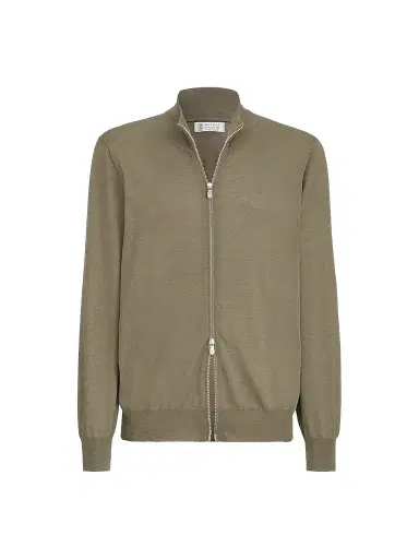 Brunello Cucinelli Men's Cashmere and Silk Lightweight Cardigan with Zipper - Mud | Thumbnail 1