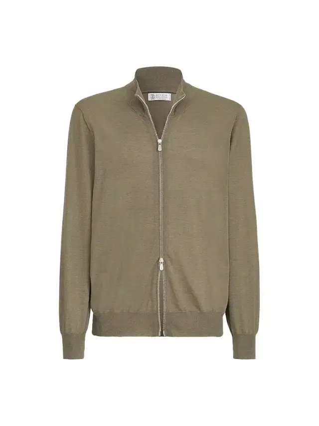 Men's Cashmere and Silk Lightweight Cardigan with Zipper - Mud