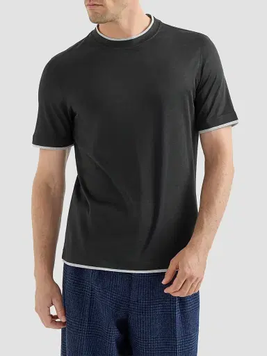 Brunello Cucinelli Men's Silk and Cotton Lightweight Jersey Crew-Neck T Shirt - Black | Thumbnail 3 Brunello Cucinelli Men's Silk and Cotton Lightweight Jersey Crew-Neck T Shirt - Black | Thumbnail 3