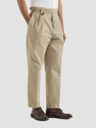 Brunello Cucinelli Men's Cotton Chevron Trousers with Double Pleats - Beige | Thumbnail 3