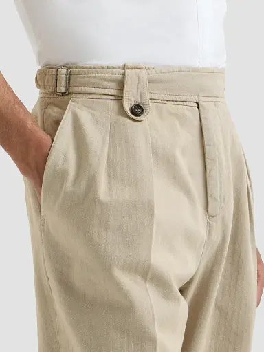 Brunello Cucinelli Men's Cotton Chevron Trousers with Double Pleats - Beige | Thumbnail 6