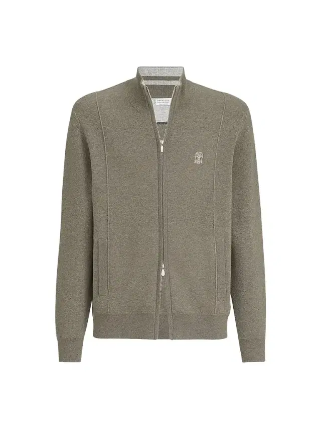 Men's Cashmere Double Knit Cardigan with Zipper - Military