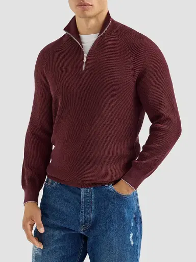 Brunello Cucinelli Men's Cotton English Rib Sweater with Half Zip - Burgundy - Size 50 | Thumbnail 3 Brunello Cucinelli Men's Cotton English Rib Sweater with Half Zip - Burgundy - Size 50 | Thumbnail 3
