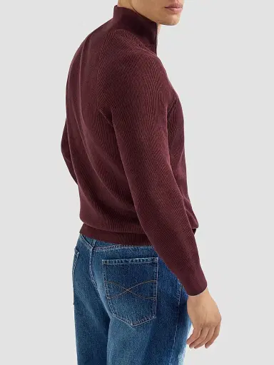 Brunello Cucinelli Men's Cotton English Rib Sweater with Half Zip - Burgundy - Size 50 | Thumbnail 4 Brunello Cucinelli Men's Cotton English Rib Sweater with Half Zip - Burgundy - Size 50 | Thumbnail 4