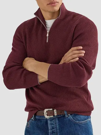 Brunello Cucinelli Men's Cotton English Rib Sweater with Half Zip - Burgundy - Size 50 | Thumbnail 5 Brunello Cucinelli Men's Cotton English Rib Sweater with Half Zip - Burgundy - Size 50 | Thumbnail 5