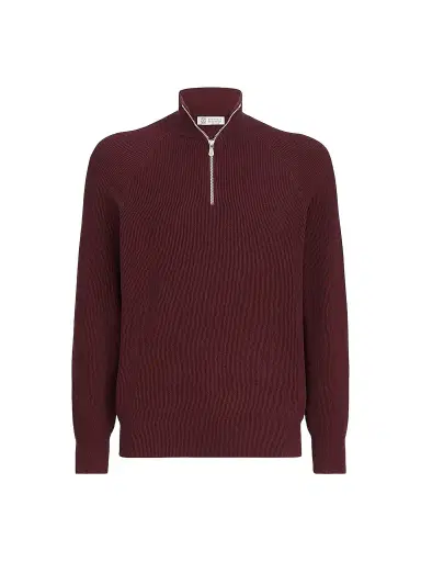 Brunello Cucinelli Men's Cotton English Rib Sweater with Half Zip - Burgundy - Size 50 | Thumbnail 1 Brunello Cucinelli Men's Cotton English Rib Sweater with Half Zip - Burgundy - Size 50 | Thumbnail 1