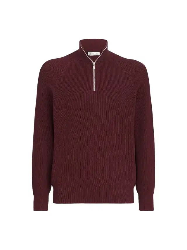 Men's Cotton English Rib Sweater with Half Zip - Burgundy - Size 50 Men's Cotton English Rib Sweater with Half Zip - Burgundy - Size 50
