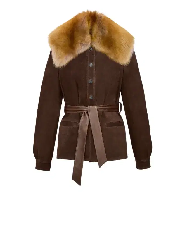 belted jacket in suede and shearling