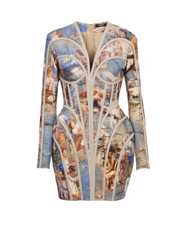 Balmain Sky printed linen cage dress