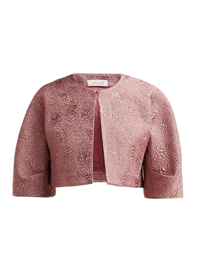Teri Jon by Rickie Freeman Women's Metallic Jacquard Bolero Jacket - Rose Gold