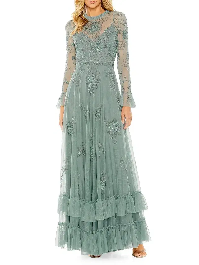 Mac Duggal Women's Petite Honeycomb Embroidered Mesh Gown - Spruce