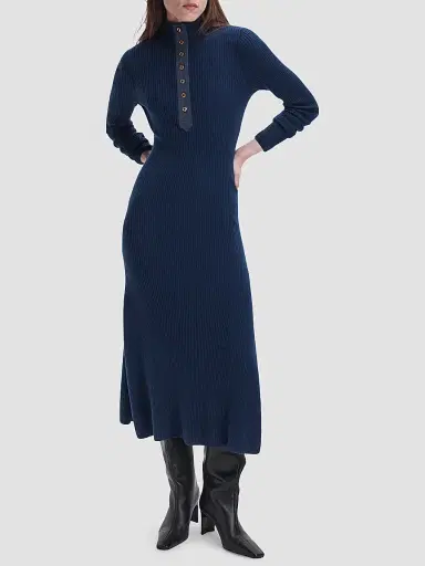 rag & bone Women's Lucy Rib-Knit A-Line Midi Dress - Navy - Size Large | Thumbnail 2