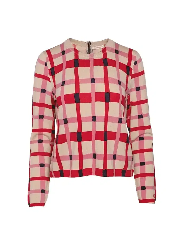 Frances Valentine Women's Honey Plaid Wool Sweater - Pink Red Multi