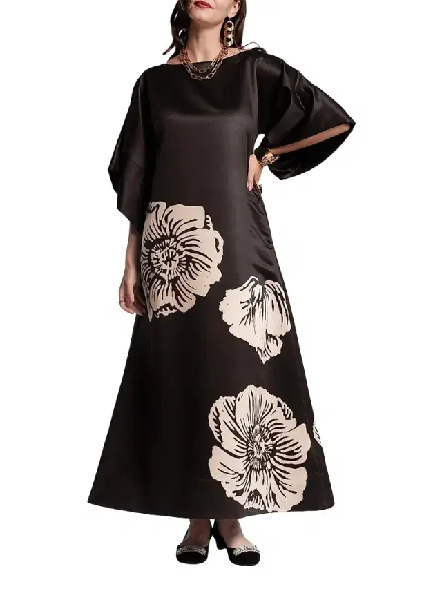 Frances Valentine Women's Spinnaker Floral Satin Maxi Dress - Black Camel