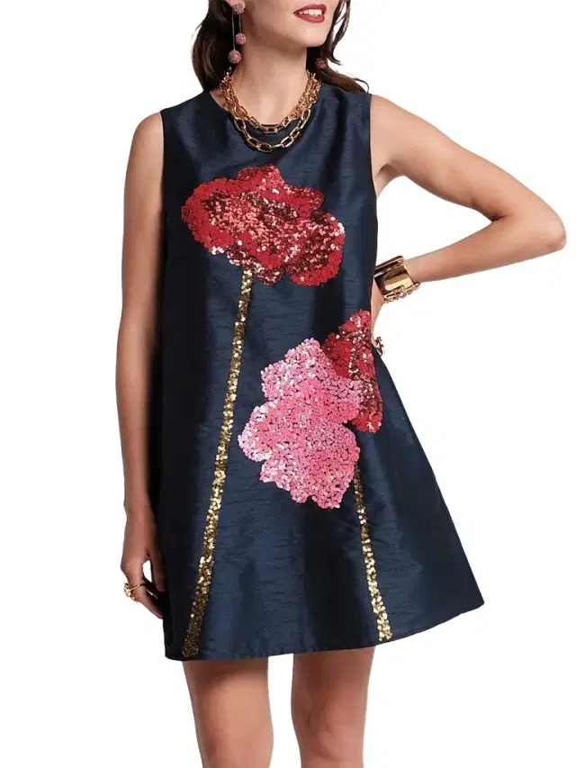 Women's Alice Sequined Poppy Shift Dress - Navy Multi - Size XL