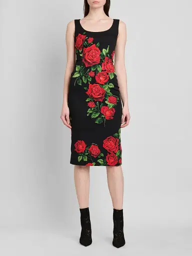 Dolce & Gabbana Women's Floral Stretch-Silk Scoopneck Midi-Dress - Rose Rosse Nero | Thumbnail 2