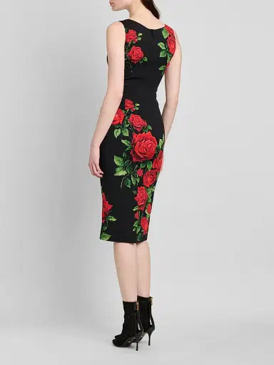 Dolce & Gabbana Women's Floral Stretch-Silk Scoopneck Midi-Dress - Rose Rosse Nero | Thumbnail 3