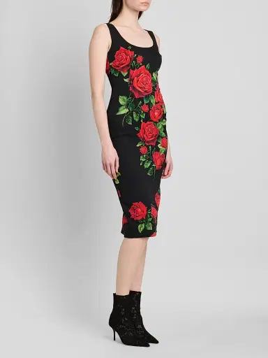 Dolce & Gabbana Women's Floral Stretch-Silk Scoopneck Midi-Dress - Rose Rosse Nero | Thumbnail 4