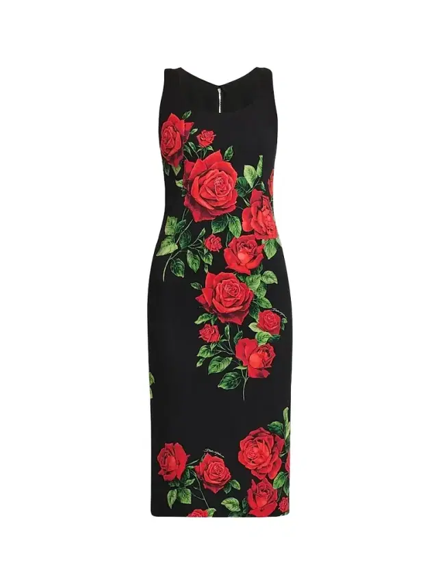 Women's Floral Stretch-Silk Scoopneck Midi-Dress - Rose Rosse Nero