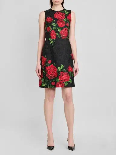 Dolce & Gabbana Women's Floral Jacquard Crewneck Mini Dress - Rose Rosse Nero | Thumbnail 2