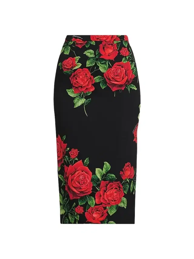 Women's Floral Stretch-Silk Pencil Midi-Skirt - Rose Rosse Nero