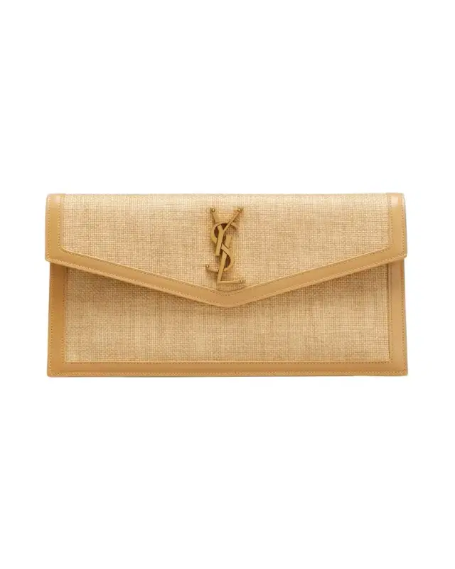 Saint Laurent Uptown Micro Raffia/Leather Envelope Flap Pouch Wallet