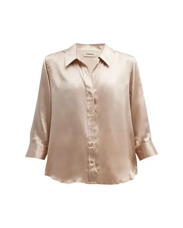Dani Silk Satin 3/4-Sleeve Button-Down Blouse