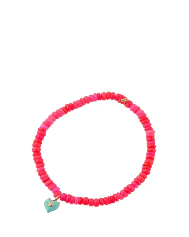 Sydney Evan 14K Yellow Gold Small Carved Diamond Marquise Bezel Turquoise Heart Charm on Hot Pink Opal Beaded Bracelet