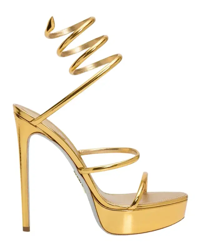 Rene Caovilla 130mm Metallic Leather Platform Snake-Wrap Sandals