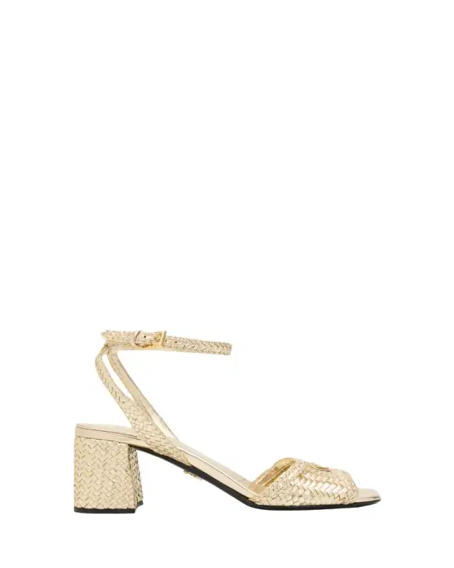 Prada 65mm Madras Woven Metallic Leather Ankle-Strap Sandals
