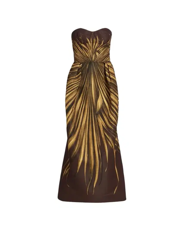 Oscar de la Renta Palm Faille Sleeveless Bustier Gown