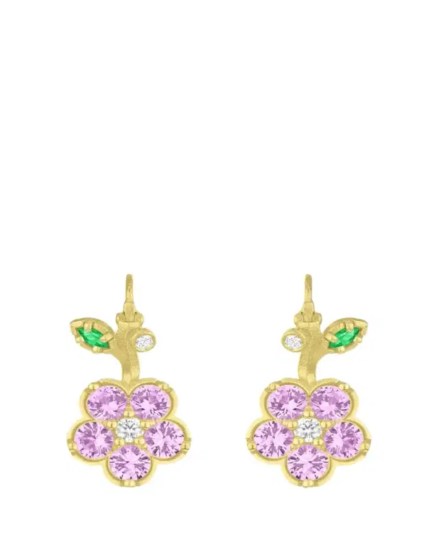 Paul Morelli 18K Yellow Gold Wild Child Pink Sapphire Drop Earrings with Diamonds and Tsavorite