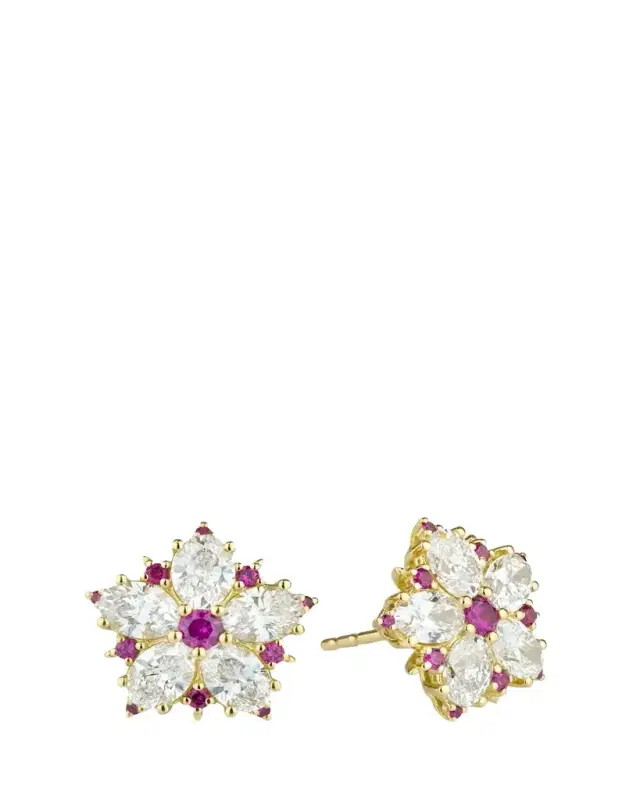 18K Yellow Gold Diamond and Ruby Flower Stud Earrings