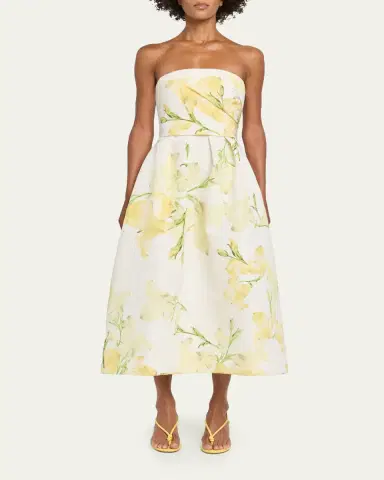 Monique Lhuillier Strapless Snapdragon Print Silk Faille Midi Dress | Thumbnail 2