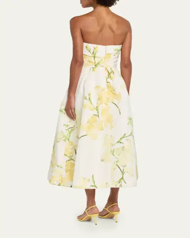 Monique Lhuillier Strapless Snapdragon Print Silk Faille Midi Dress | Thumbnail 3