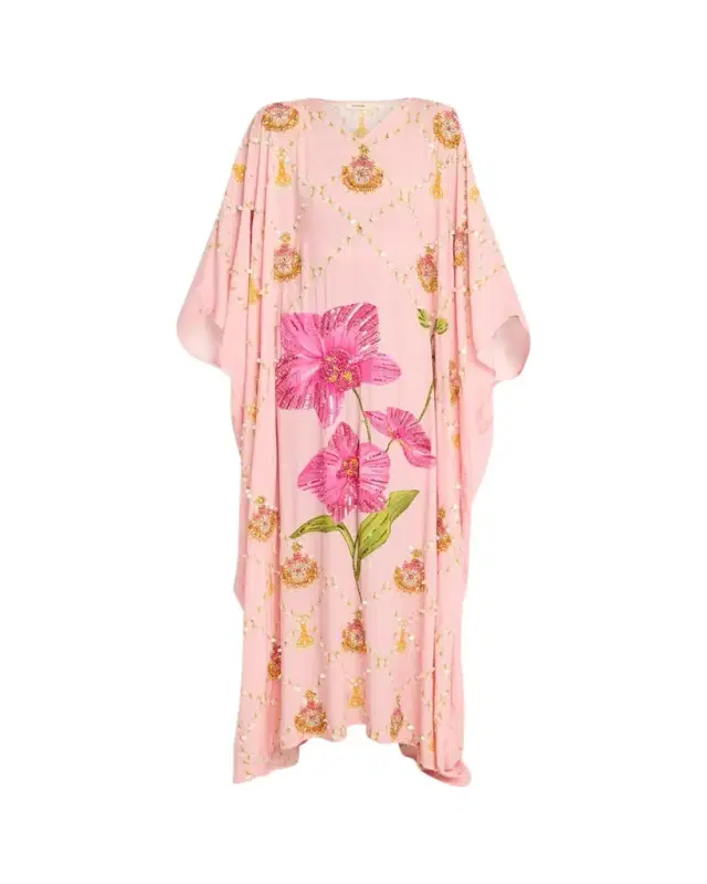 Verandah Hand-Beaded Orchid Maxi Kaftan Coverup