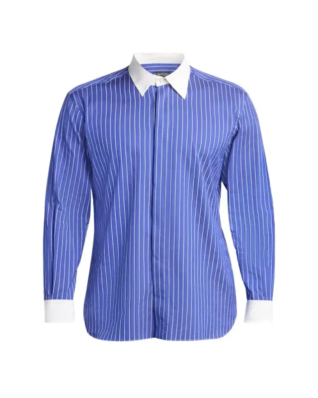 Men's Silk Pinstripe Contrast-Trim Dress Shirt