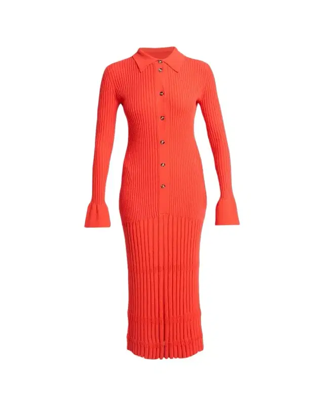 Proenza Schouler Rosario Long-Sleeve Merino Wool Pleated Knit Midi Polo Dress