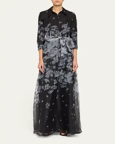 Rickie Freeman for Teri Jon Floral Organza Tie-Waist Shirt Gown | Thumbnail 2 Rickie Freeman for Teri Jon Floral Organza Tie-Waist Shirt Gown | Thumbnail 2