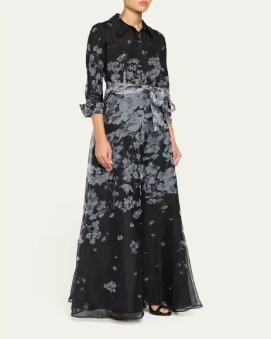 Rickie Freeman for Teri Jon Floral Organza Tie-Waist Shirt Gown | Thumbnail 4 Rickie Freeman for Teri Jon Floral Organza Tie-Waist Shirt Gown | Thumbnail 4