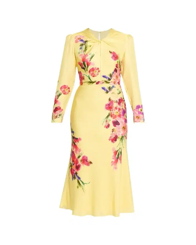 Saloni Claudia Floral Silk Long-Sleeve Fluted Midi Dress