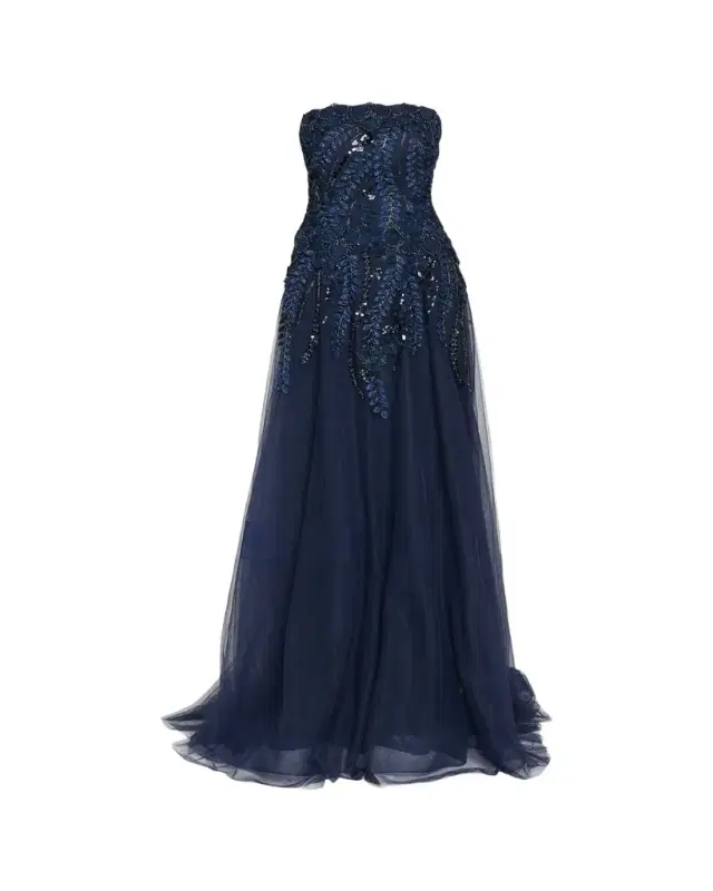 Floral-Embellished Tulle Strapless Gown