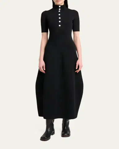 Proenza Schouler Mathilde Short-Sleeve Buttoned Sculptural Midi Dress | Thumbnail 2