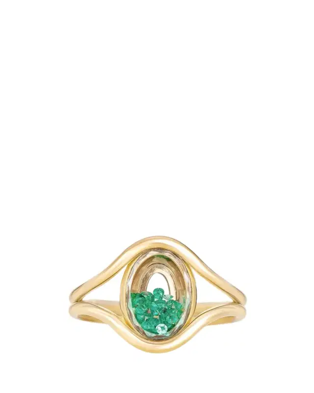MORITZ GLIK 18K Yellow Gold Kaleidoscope Shaker Cascavel Oval Ring with Emeralds