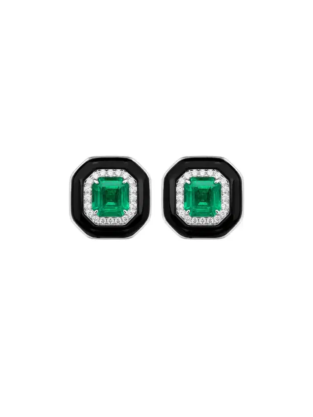 Wish Fine Jewelry 13.94ct Diamond Emerald Black Onyx 18K Gold Halo Earrings